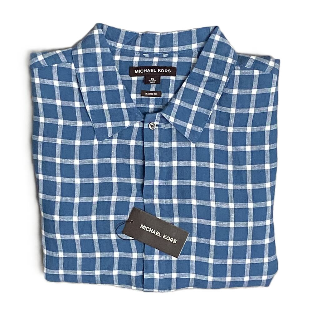Michael Kors Men's Medium Classic Fit Linen Shirt Blue Check Long Sleeve NEW